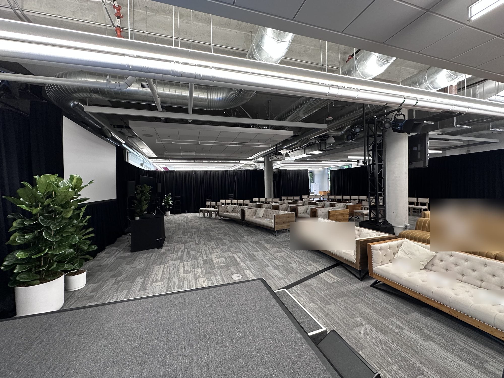Corporate event floor with fiddle-leaf figs framing the stage and lounge seating