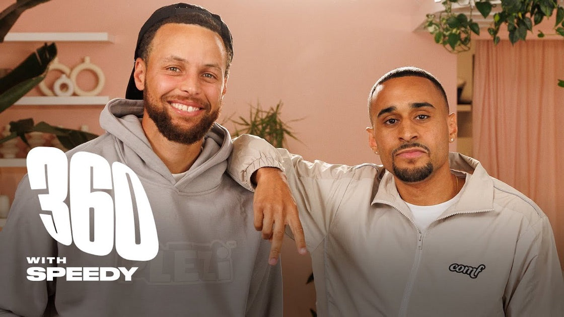 Steph Curry and Speedy seated for a Complex 360 With Speedy interview inside The Preserve's peach-walled San Jose shop